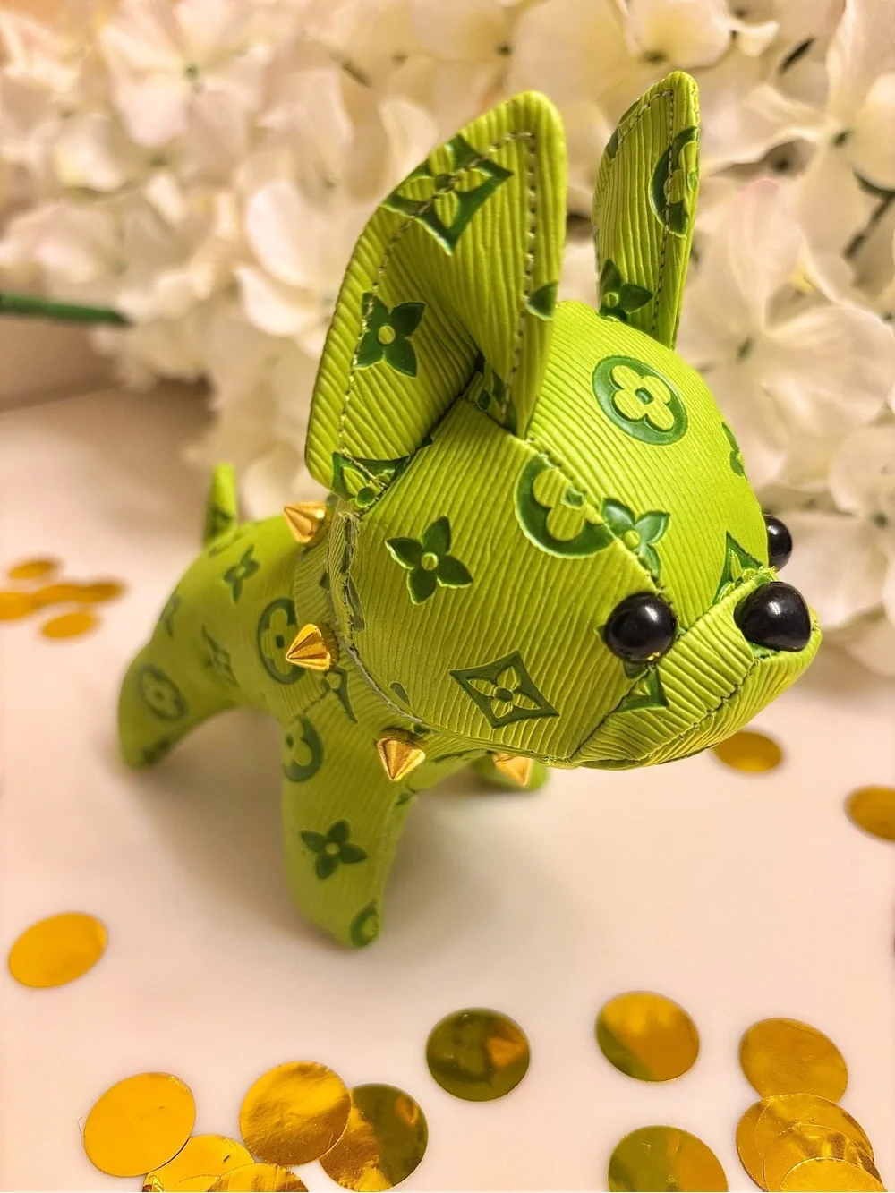 Bag Charm/Keychain adorable neon green Frenchie dog with gold tone accents! New